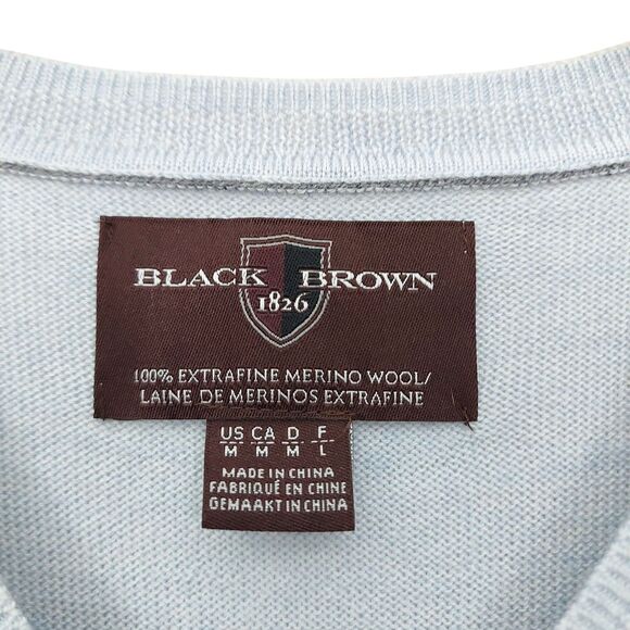 Black Brown 1826 Sweater Mens Medium Light Blue Fine Merino Wool Knit V-Neck - Picture 7 of 10
